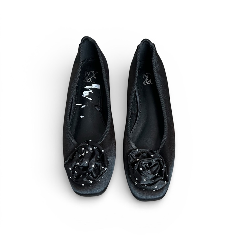 New York & Company Black Satin Flats with Floral Detail size 8